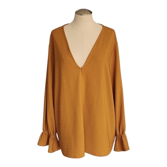 Michael Kors Mustard Yellow Flutter Sleeve V Neck Long Sleeve Top Sz 2x - Picture 2 of 10